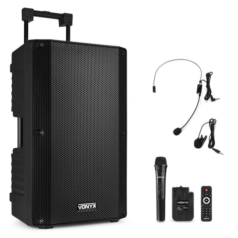 VONYX "VSA700-BP" 15" Akku PA Lautsprecher mit USB, Bluetooth, 2 UHF Funkmikrofonen, MP3 Player & Fernbedienung - Lightronic Showequipment