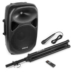 Aktiver 12" PA-Lautsprecher Kit inkl. Stativ, USB/SD Bluetooth MP3 Player & Fernbedienung - Lightronic Showequipment